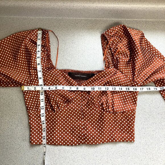 Code X Mode Crop Top Women Medium Copper Polka Dot Satin Long Sleeve Smocked - Picture 10 of 10